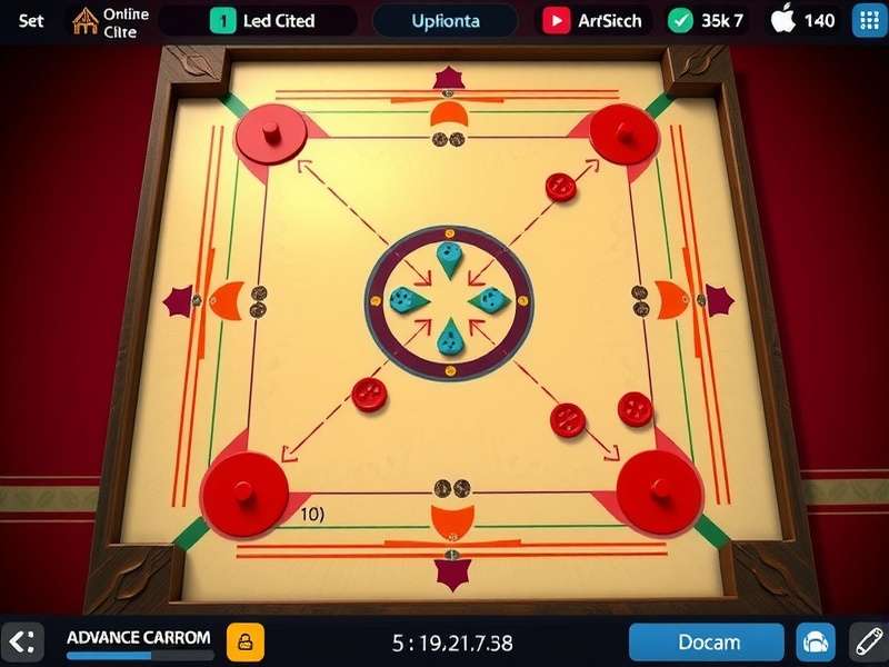 Carrom board setup with pieces in starting position